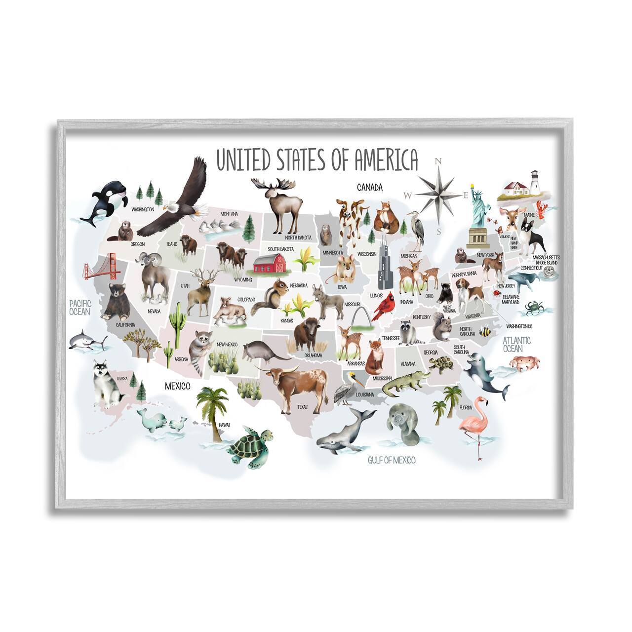 Stupell Industries United States of America Map of Animals Kid's Illustration in Gray Frame Wall Art